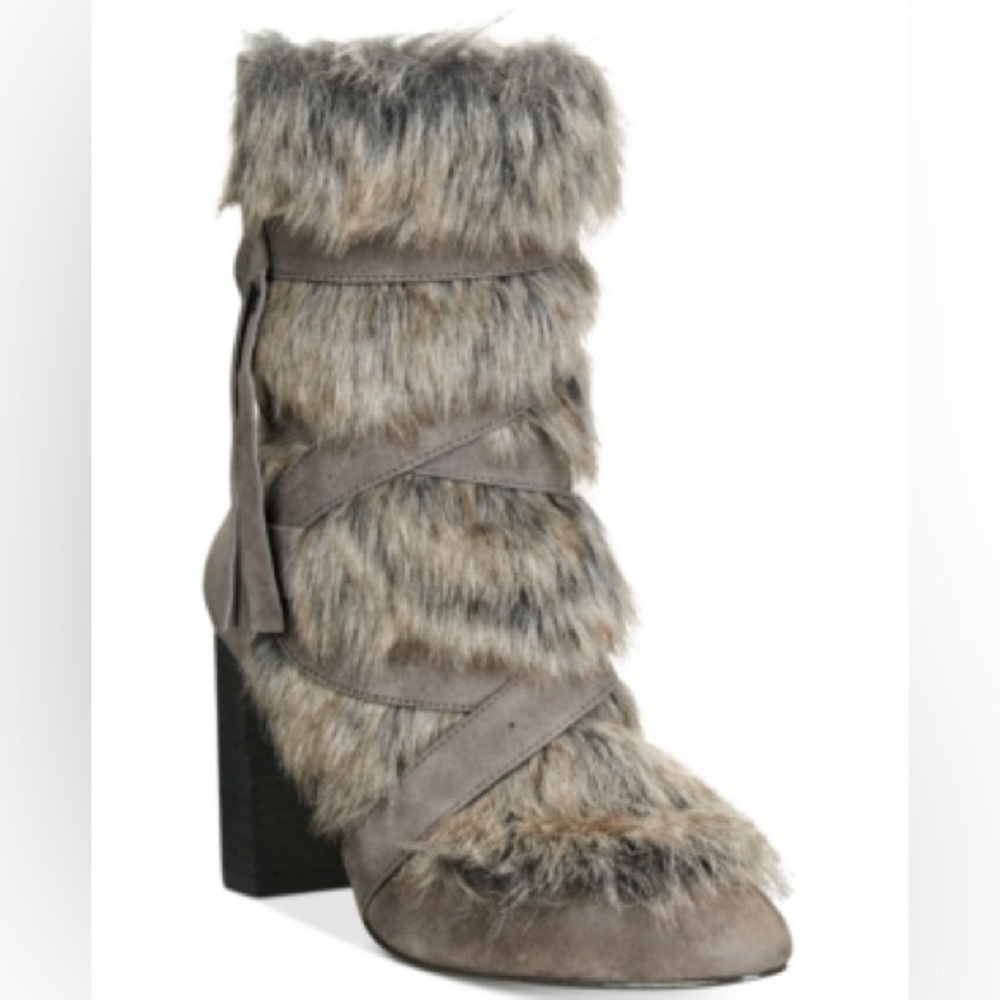 New! Women's Charles By Charles David Alberta Gray Microsuede Faux Fur Boot